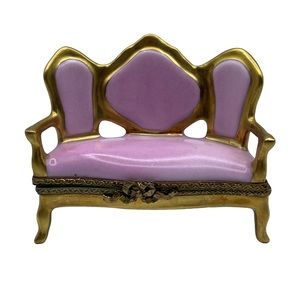 Vintage Limoges France Peint Gold Frame Pink Couch Porcelain Trinket Pill Box